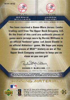 2002 SPx - Winning Materials 2-Player Jersey Combos #WM-WG Bernie Williams / Jason Giambi Back