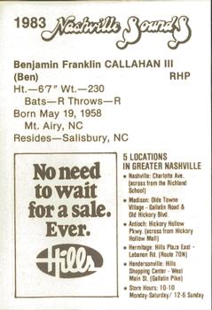 1983 Hills Nashville Sounds #NNO Ben Callahan Back
