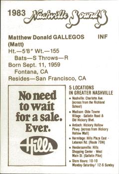 1983 Hills Nashville Sounds #NNO Matt Gallegos Back