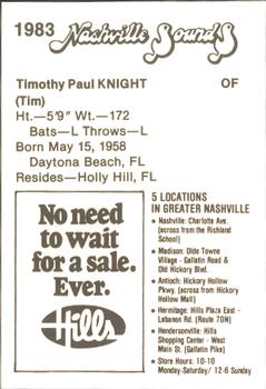 1983 Hills Nashville Sounds #NNO Tim Knight Back