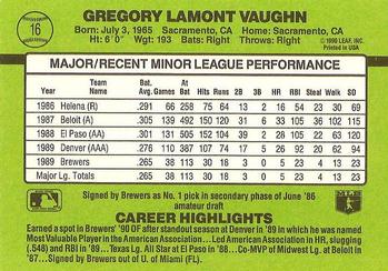 1990 Donruss The Rookies #16 Greg Vaughn Back