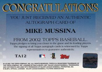 2002 Topps - Autographs #TA12 Mike Mussina Back