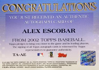 2002 Topps - Autographs #TA-AE Alex Escobar Back