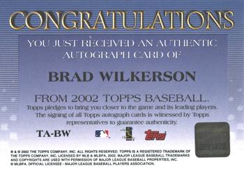 2002 Topps - Autographs #TA-BW Brad Wilkerson Back