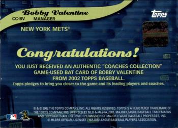 2002 Topps - Coaches Collection Relics #CC-BV Bobby Valentine Back