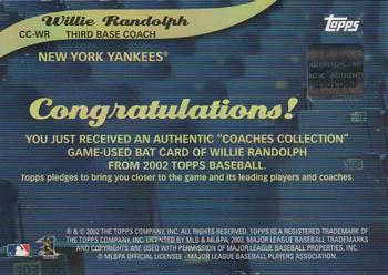 2002 Topps - Coaches Collection Relics #CC-WR Willie Randolph Back