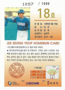 1999 Teleca Seung Yeop Lee Homerun Card #18 Seung-Yeop Lee Back
