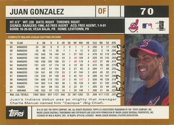 2002 Topps - Gold #70 Juan Gonzalez Back
