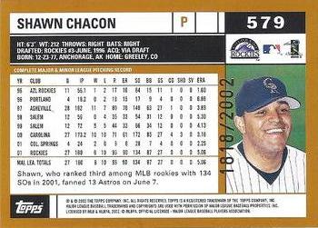 2002 Topps - Gold #579 Shawn Chacon Back