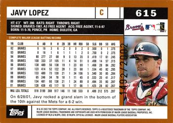 2002 Topps - Gold #615 Javier Lopez Back