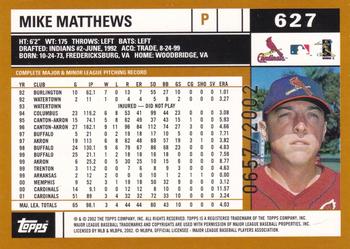 2002 Topps - Gold #627 Mike Matthews Back