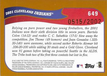 2002 Topps - Gold #649 Cleveland Indians Back
