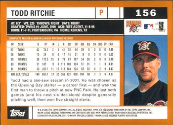 2002 Topps - Home Team Advantage #156 Todd Ritchie  Back