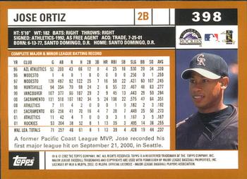 2002 Topps - Home Team Advantage #398 Jose Ortiz  Back