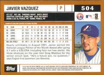 2002 Topps - Home Team Advantage #504 Javier Vazquez  Back