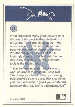 1988 CMC Don Mattingly Baseball Card Kit #6 Don Mattingly Back