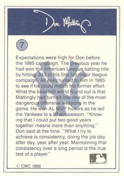 1988 CMC Don Mattingly Baseball Card Kit #7 Don Mattingly Back