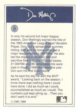 1988 CMC Don Mattingly Baseball Card Kit #8 Don Mattingly Back