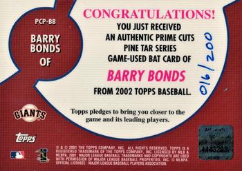 2002 Topps - Prime Cuts Pine Tar Relics #PCP-BB Barry Bonds Back