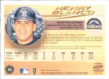2000 Pacific Crown Collection #88 Henry Blanco Back