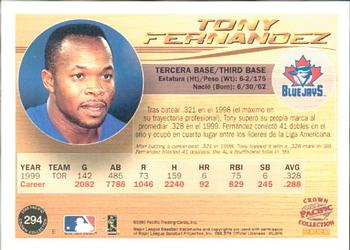 2000 Pacific Crown Collection #294 Tony Fernandez Back