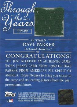 2002 Topps American Pie Spirit of America - Through the Year Relics #TTY-DP Dave Parker Back