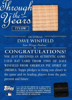 2002 Topps American Pie Spirit of America - Through the Year Relics #TTY-DW Dave Winfield Back