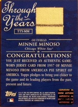 2002 Topps American Pie Spirit of America - Through the Year Relics #TTY-MM Minnie Minoso Back