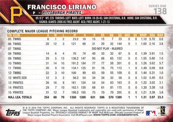 2016 Topps - Limited #138 Francisco Liriano Back