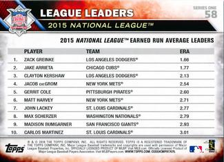 2016 Topps Mini #58 National League Earned Run Average Leaders Back