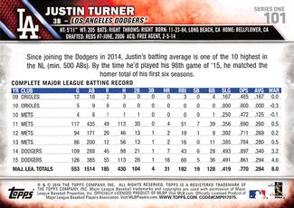 2016 Topps Mini #101 Justin Turner Back