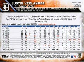 2016 Topps Mini #255 Justin Verlander Back