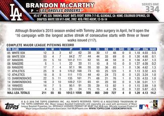 2016 Topps Mini #334 Brandon McCarthy Back