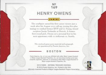 2016 Panini National Treasures #169 Henry Owens Back