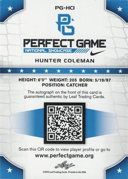2015 Leaf Perfect Game National Showcase - Base Autograph #PG-HC1 Hunter Coleman Back
