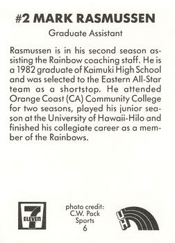 1990 7-Eleven Hawaii Rainbows #6 Mark Rasmussen Back