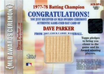 2002 Topps Gold Label - MLB Awards Ceremony Relics Class 1 Gold #ACR-DP4 Dave Parker Back