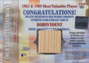 2002 Topps Gold Label - MLB Awards Ceremony Relics Class 1 Gold #ACR-RY Robin Yount Back