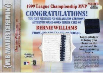 2002 Topps Gold Label - MLB Awards Ceremony Relics Class 2 Platinum #ACR-BFW Bernie Williams Back