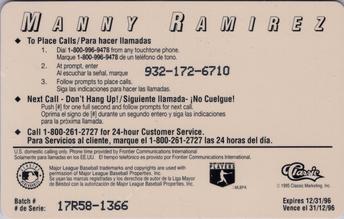 1995 Classic MLB $10 Phone Cards #NNO Manny Ramirez Back