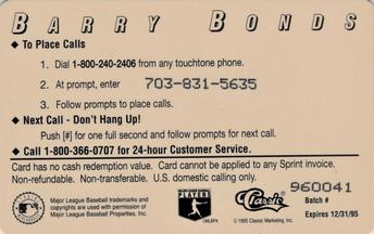 1995 Classic MLB $10 Phone Cards #NNO Barry Bonds Back