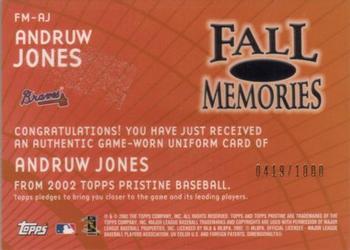 2002 Topps Pristine - Fall Memories #FM-AJ Andruw Jones Back