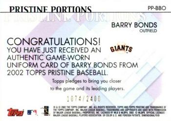 2002 Topps Pristine - Portions #PP-BBO Barry Bonds Back