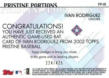 2002 Topps Pristine - Portions #PP-IR Ivan Rodriguez Back