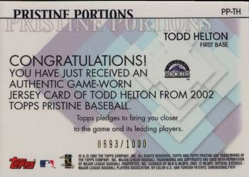 2002 Topps Pristine - Portions #PP-TH Todd Helton Back