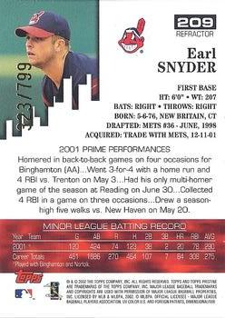 2002 Topps Pristine - Refractors #209 Earl Snyder Back