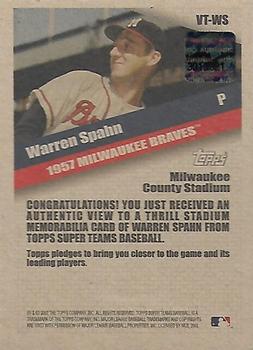 2002 Topps Super Teams - A View To A Thrill Relics #VT-WS Warren Spahn Back