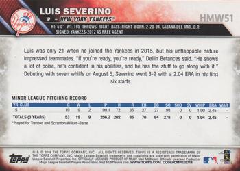 2016 Topps Holiday #HMW51 Luis Severino Back