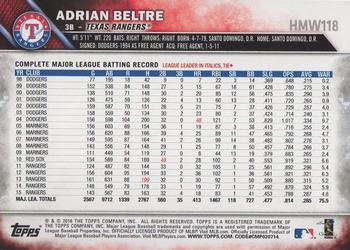 2016 Topps Holiday #HMW118 Adrian Beltre Back