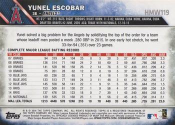 2016 Topps Holiday #HMW119 Yunel Escobar Back